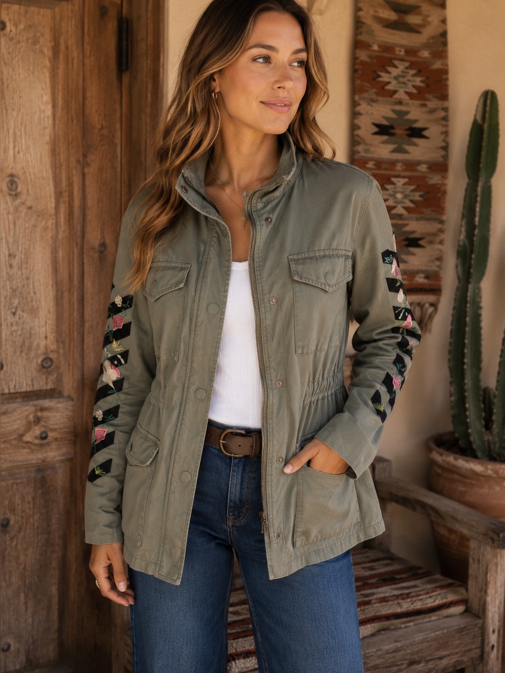 EN CREME Army Green Embroidered Utility Zip and Snap Jacket, S